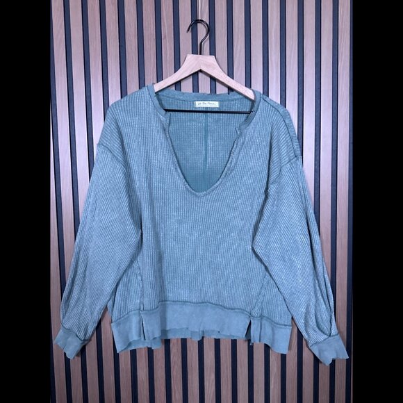 Free People Sweater XS Teal Blue Caroline We The Free Deep V Neck Chunky Knit - Picture 1 of 8